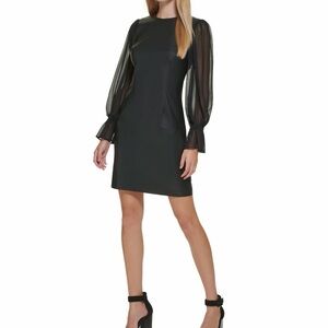 Elegant Black Calvin Klein Chiffon-Sleeve Faux-Leather Sheath Dress